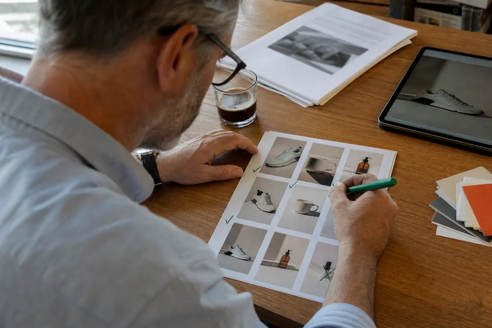 An account lead marks a printed contact sheet of nine vertical ad frames with a green pen beside brand colour swatch cards