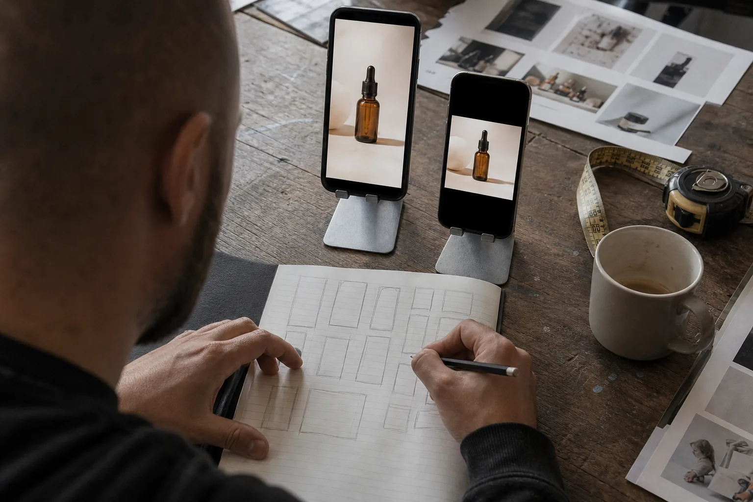 Two phones propped on a desk show the same paused product clip in a vertical and a square crop, next to a laptop and notes