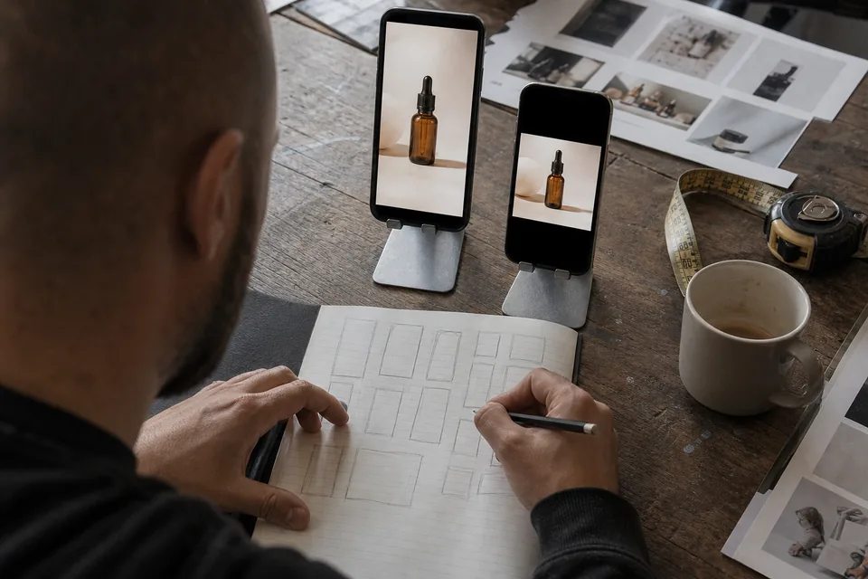 Two phones propped on a desk show the same paused product clip in a vertical and a square crop, next to a laptop and notes