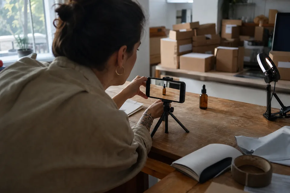 A smartphone on a mini tripod records an amber serum bottle on a wooden kitchen counter, with a ring light and taped shipping boxes behind