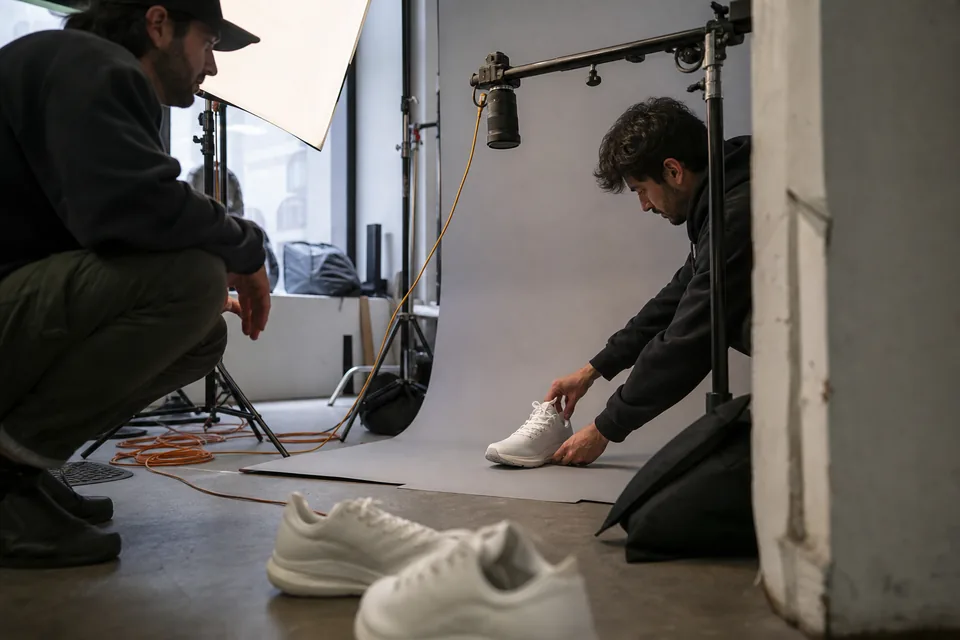 A photographer's hands adjust a white sneaker on a grey paper sweep under a softbox, camera on an overhead boom arm