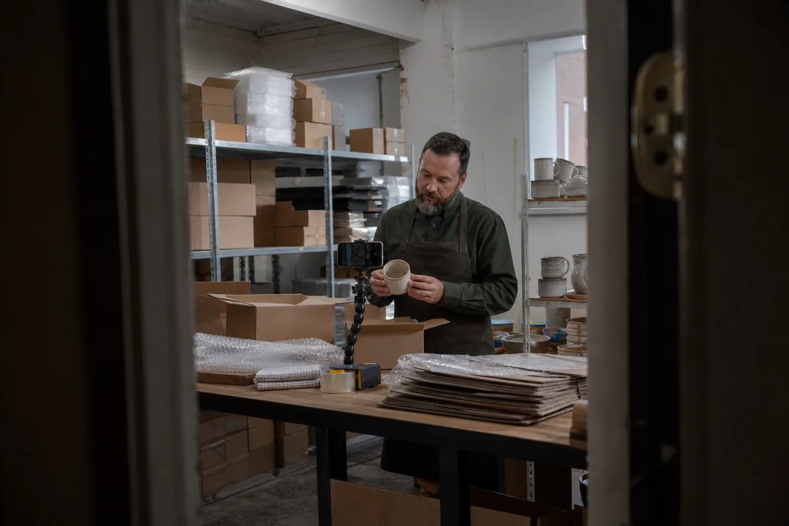 A store owner at a packing table turns a ceramic mug in front of a smartphone on a flexible tripod among open boxes