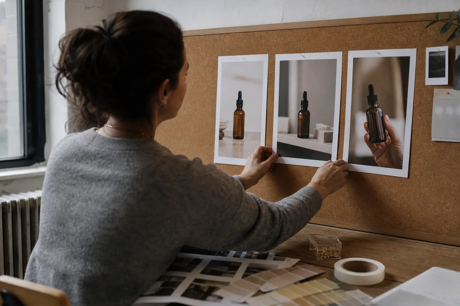 A strategist seen from behind pins three printed vertical storyboard frames of the same product shot to a corkboard
